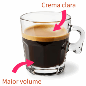 Foto profissional de um café Lungo em uma xícara de espresso, mostrando seu volume maior e a crema mais clara